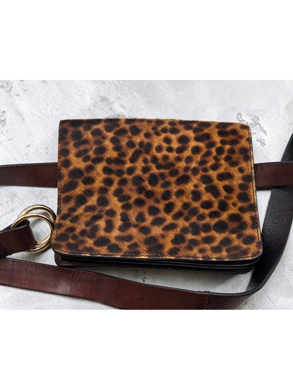 J Jill Leopard Calf Hair Belt Bag Brown Leather Convertible Fanny Pack Waist Bag